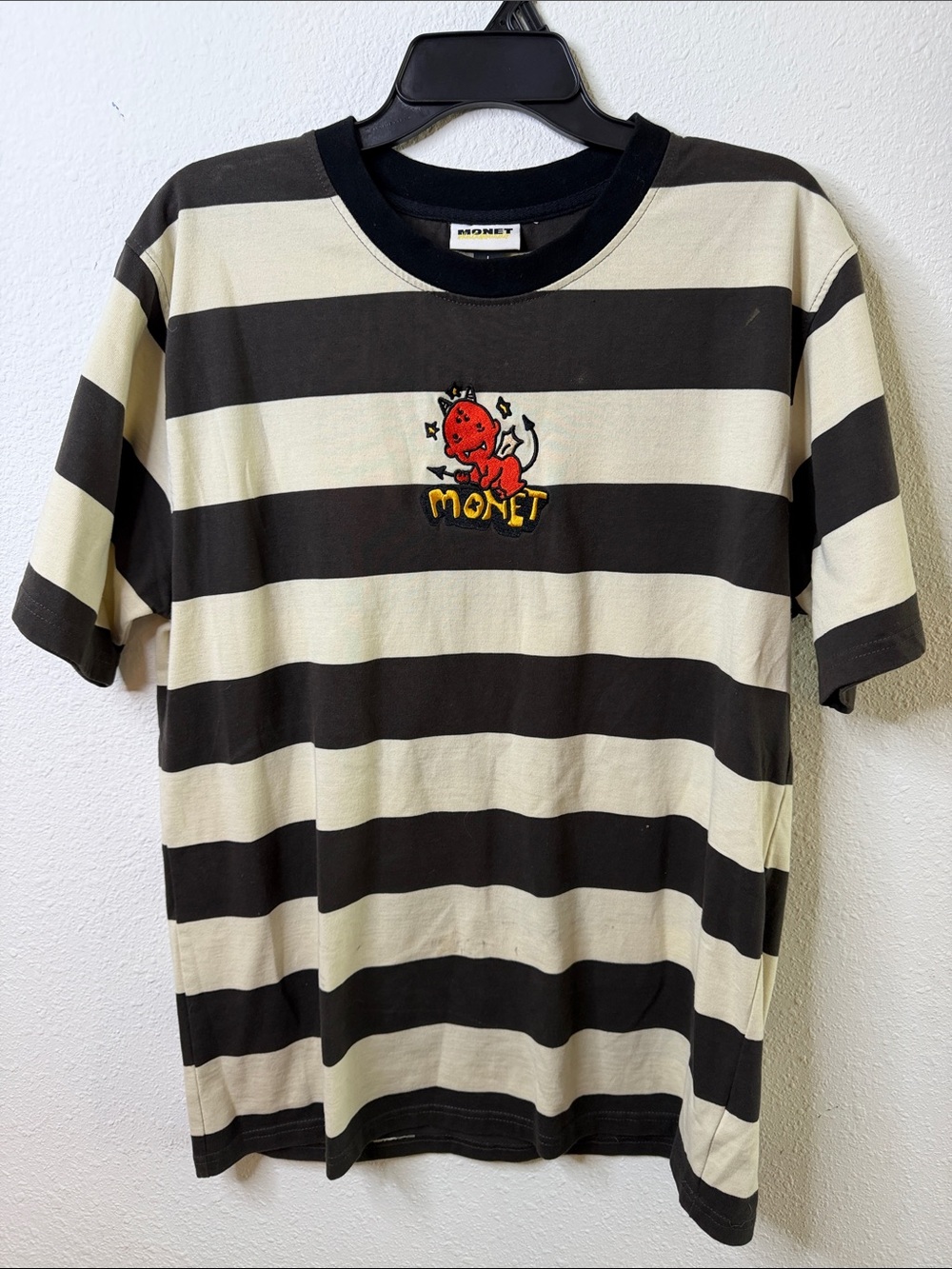 Monet Black and Cream Striped Short Sleeve Tee with Red Graphic